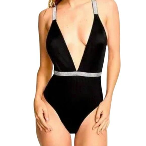 Victorias Secret Rhinestone Swim XL Black Plunge Sexy Bling Beach Travel New - Picture 1 of 8
